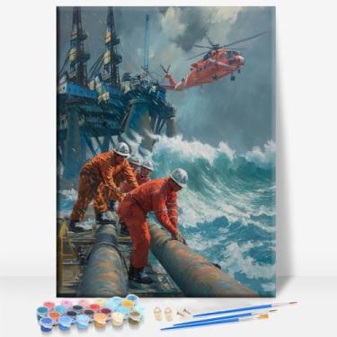 Imagem de HUINORYA Oil RIG Worker in The Storm Blue Collar Heroes Tela emoldurada DIY Kit de pintura por números bar café caverna casa de banho parede banheiro varanda pátio decoração presente, 40,6 x 30,5 cm