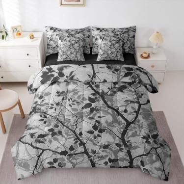 Imagem de Conjunto de cama solteiro de camuflagem cinza, 7 peças, cama rústica em uma bolsa, galhos da floresta com folhas, conjunto de edredom, conjunto de lençóis, fronhas e fronhas, decoração de quarto