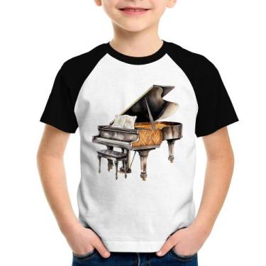 Imagem de Camiseta Raglan Infantil Piano Arte - Foca na Moda, Branco, Preto, 10