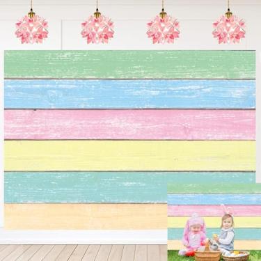 Imagem de Pano de fundo de madeira colorido pastel, fundo de fotografia de madeira rústico, primavera, decorações de Páscoa, faixa para meninos e meninas, adereços para fotos de festa de aniversário (94 x 70