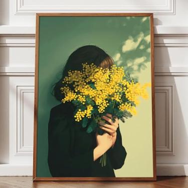 Imagem de Retrato feminino vintage arte de parede amarelo floral pintura abstrata feminina verde pôster feminino imagem floral menina com flores lona buquê de flores pôster para quarto 40 x 61 cm sem moldura