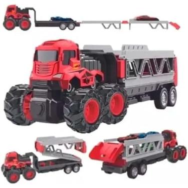 Imagem de Caminhão Cegonha Fricção com Pista Lançadora + 4 Carrinhos | Brinquedo Infantil