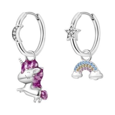 Imagem de Brincos De Prata 925 Unicórnio Arco-Íris Com Pedra Preciosa Brilhante 
