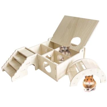 Imagem de kathson Túnel de labirinto de hamster de madeira com capa, esconderijo de hamster de madeira, brinquedo explorador de várias câmaras, tubos e túneis de animais pequenos para ratos gerbil