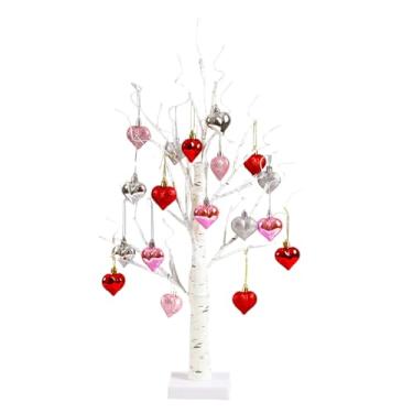 Imagem de Hamosky Árvore de LED para o Dia dos Namorados com enfeites de coração, lâmpada de LED iluminada, árvore de luz decorativa branca de 65 cm com 24 luzes LED quentes e 18 corações pendurados, alimentado