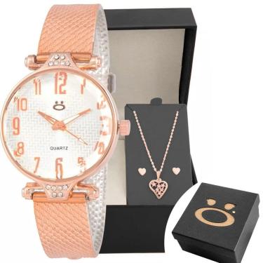 Imagem de Relógio Feminino Rose Aço + Brinco Colar Coração Caixa