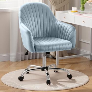 Imagem de Warmiehomy Cadeira de mesa de veludo para escritório em casa, cadeira de trabalho giratória ajustável moderna, cadeiras femininas com descanso de braço para quarto de vestiário, azul claro
