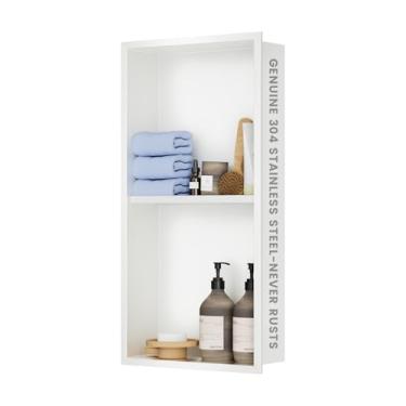Imagem de Inserção de nicho de chuveiro de aço inoxidável 304 - branco brilhante 61 x 30 cm, sem necessidade de azulejos, nicho de banheiro para parede de chuveiro, prateleiras duplas embutidas, armário