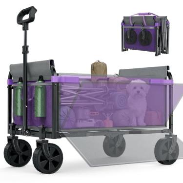 Imagem de Carroça dobrável com rodas – Carrinhos utilitários leves 3 em 1 dobráveis com capacidade de peso de 99,8 kg, porta-copos, para passeios de animais de estimação, compras, acampamento, compras (roxo)