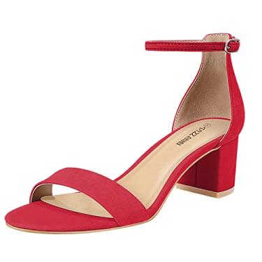 Imagem de PIZZ ANNU Sandália feminina de salto grosso de bloco baixo, confortável, bico aberto, tira no tornozelo, vestido de festa, sapatos de salto alto com fivela de tiras com design de salto grosso de 5 cm