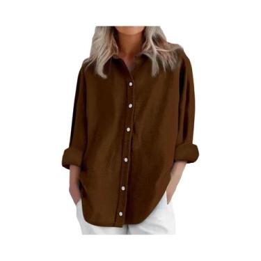 Imagem de Camisa Casual Feminina De Algodão E Linho Manga Longa Cor Sólida Com B
