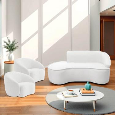 Imagem de Kit Divã Recamier Orgânico Marrocos 200cm Lado Esquerdo E 2 Poltronas Amore Bouclé Branco