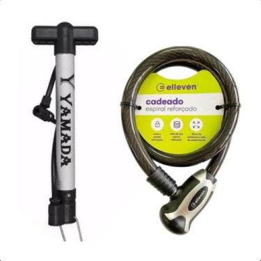 Imagem de Kit Bomba de Ar Bike 30cm com Cadeado Elleven Cabo de Aço 80cm x 15mm 