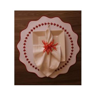 Imagem de Jogo Americano C/6 Redondo Lona Impermeável Duplo Cor Branco com bordado Vermelho