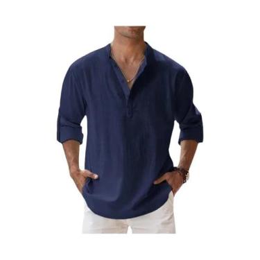Imagem de Camisas Henley Masculinas Leves de Algodão e Linho - Estilo Casual par