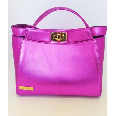 Imagem de Bolsa Feminina Transversal de Couro Metalizada Rosa Pink - Karine Ribo