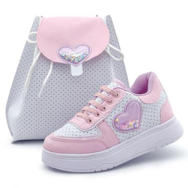 Imagem de Kit Tênis Escolar Com Bolsa Infantil Feminino Branco Rosa Calce Fácil 