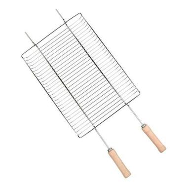 Imagem de Grelha para Churrasco Big Grill 84CM para Assar Alimentos em Arame Cromado com Cabo de Madeira para Área Gourmet Prata