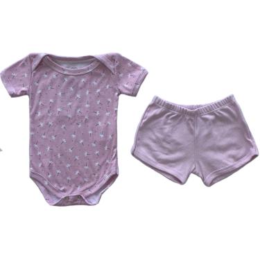 Imagem de Conjunto Body Manga Curta e Short Infantil Algodão Rosa Flores