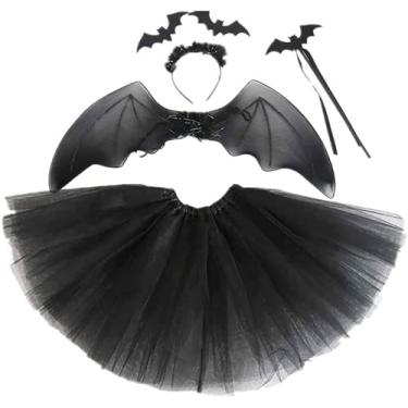 Imagem de Conjunto de 4 peças de fantasia de Halloween com asas de morcego, fantasia de bruxa, cosplay e saia de carnaval, conjunto de tutu, roupa de festa ou travessuras