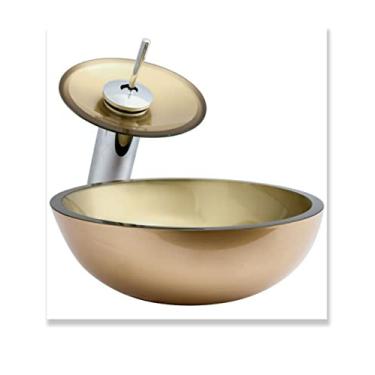 Imagem de Cuba Redonda 30cm + Torneira Cascata + Valvula - Kit Dourado