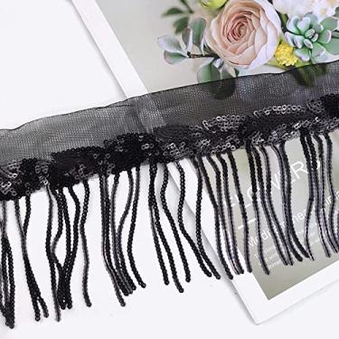 Imagem de 2/4 jardas 10 cm paetês lantejoulas borla renda franja guarnição tecido de malha DIY desempenho saia vestido de noiva decoração material de costura, preto, 4 jardas
