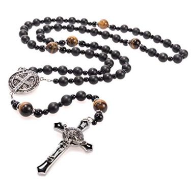 Imagem de Sinai Rosary Beads Católico para Homens. Colar de contas robustas de ônix original preto fosco, detalhe único, corrente de aço inoxidável de 56 cm, medalha de São Bento, crucifixo em caixa de presente, cartão de oração