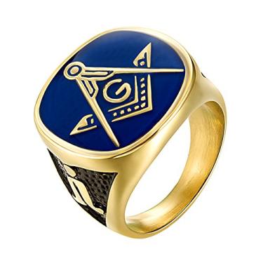 Imagem de Anéis maçônicos masculinos IFUAQZ de aço inoxidável banhados a ouro maçônicos anéis maçônicos Blue Lodge Compass Master Mason Biker Band