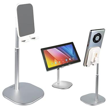Imagem de Htsrbay Suporte de telefone celular, suporte de telefone ajustável com ângulo de altura para suporte de tablet de mesa compatível com iPad, iPhone, smartphone Android, Nintendo Switch e mais dispositivos de 4 a 10 polegadas (prata).