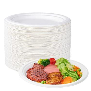 Imagem de ECOLipak Pratos de papel 100% compostáveis de 25,4 cm, pacote com 150 pratos de papel resistentes, pratos descartáveis biodegradáveis ecológicos de bagaço de cana para jantares (branco)