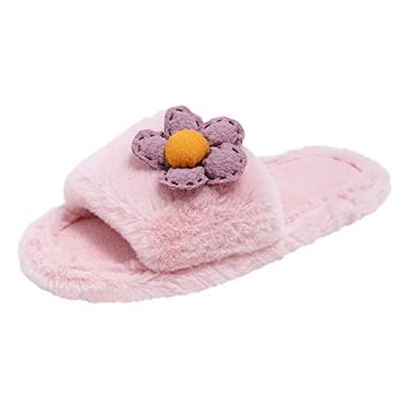 Imagem de Chinelos de inverno femininos interior casa bonito flor animal leve quente algodão chinelos meias de calor feminino chinelo (rosa, 8)