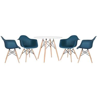 Imagem de Mesa redonda Eames 90 cm branco + 4 cadeiras Eiffel Daw azul petróleo