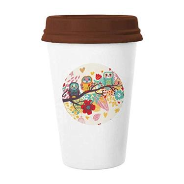 Imagem de Ilustração de animais, galhos, flores, corujas, caneca de café copo de cerâmica