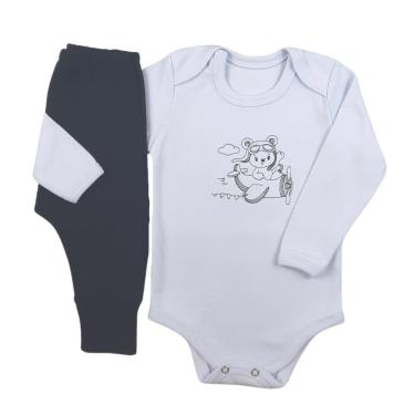 Imagem de Conjunto Body Manga Longa Bordado Ursinho Avião e Calça Suedine Mijão Culote - Roupa Bebê Menino-Masculino
