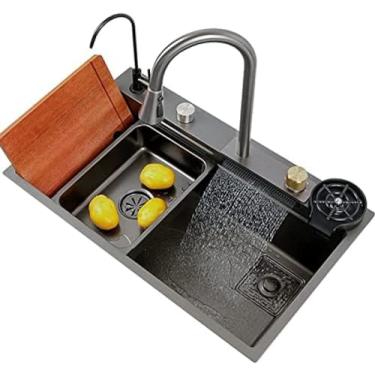 Imagem de Pia De Cozinha Chuva Voadora Pia Em Cascata Pia Doméstica, Lava-louças Pia Única Estação De Trabalho Pia De Cozinha Com Torneira Extraível, Tábua De Cortar, Lavadora De Copos,Arma Cinza,75*45*20cm