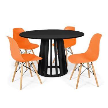 Imagem de Conjunto Mesa de Jantar Redonda Talia Preta 120cm com 4 Cadeiras Eames Eiffel - Laranja