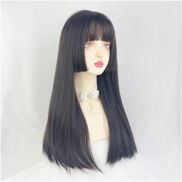 Imagem de Peruca de corte de princesa para mulheres, perucas completas Y2K com franja estilo japonês, perucas longas e retas pretas para cosplay, festa, uso diário