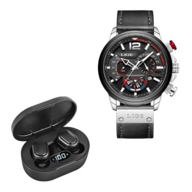 Imagem de Relógio de pulso analógico com cronógrafo, LIGE LG8959, pulseira de couro cor preta + Fones Bluetooth E7S preto, e 90 dias de garantia de fabricação, Combo T&T ELECTROTECH 062.