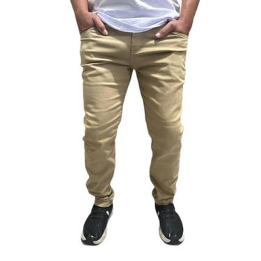 Imagem de Calça sarja masculina jeans skinny com elastano lycra calça para o dia dia lisa envio rapido(38, BEGE)