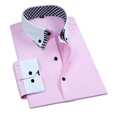 Imagem de Camisa Masculina De Negócios De Algodão Slim Fit Manga Longa Com Botões Camisas Formais De Outono Xadrez Patchwork Camisas Formais Para Homens (Color : Pink, Size : 40 - XL)