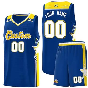Imagem de Camiseta de basquete personalizada com logotipo de número de nome, regata e shorts estampados personalizados para homens mulheres jovens, 9. Azul/Amarelo/Branco, One Size
