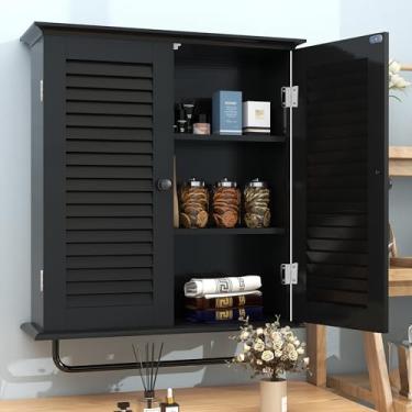 Imagem de TaoHFE Armário de banheiro montado na parede armário de parede de banheiro armário de remédios com portas duplas de obturador prateleira ajustável de 3 camadas com toalheiro sobre o vaso sanitário