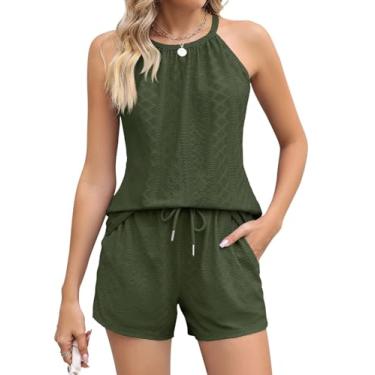 Imagem de LOMON Conjuntos femininos de verão de 2 peças shorts casuais roupas de praia sem mangas gola única para férias, A-Army Green, Medium