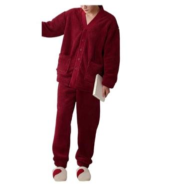 Imagem de Conjunto de pijama masculino de flanela com botões, conjunto de pijama com bolso, conjunto de 2 peças, Vermelho, G