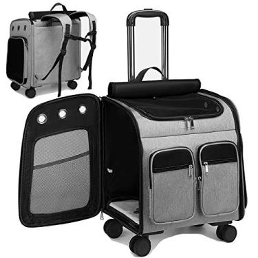 Imagem de Mochila de transporte com rodas para animais de estimação, carrinho de viagem, assento de carro para cães pequenos, gatos, filhotes, mochila confortável para gatos, rodinhas removíveis – janela de ventilação de malha, bolsos de armazenamento (grande cinza)