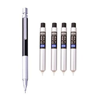 Imagem de 0,7 mm lápis mecânico automático de baixo centro de gravidade caneta de textura de metal (preto) + 4 caixas de 0,7 mm de chumbo