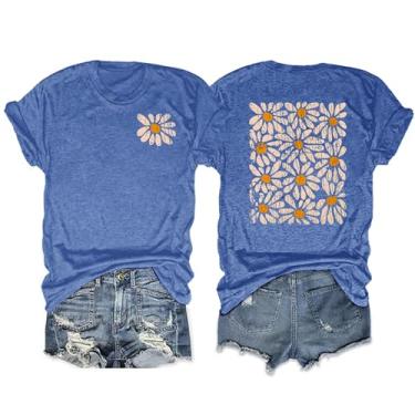 Imagem de Anbech Camisetas femininas com estampa de flores silvestres boho, manga curta, caimento solto, Azul, P