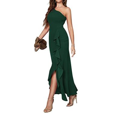 Imagem de HipGlamp Vestido feminino sexy elegante de um ombro só, manga 3/4, vestido midi franzido, 5562 Verde, P
