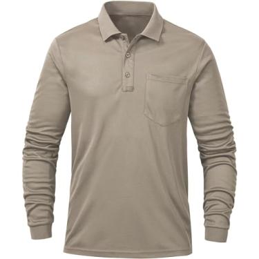 Imagem de Tyhengta Camisa polo masculina manga longa secagem rápida desempenho atlético camiseta piqué golfe, Caqui, M