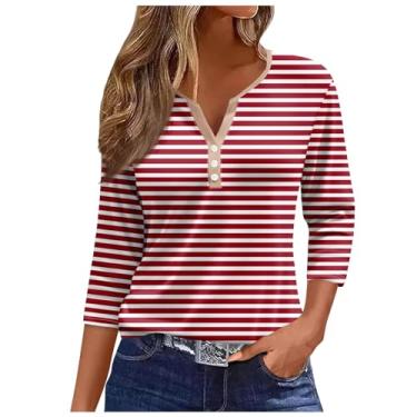 Imagem de Camisetas femininas de manga 3/4 de comprimento com botões e gola Henley Plus Size, camisetas confortáveis com estampa floral, Ofertas relâmpago vermelho, P